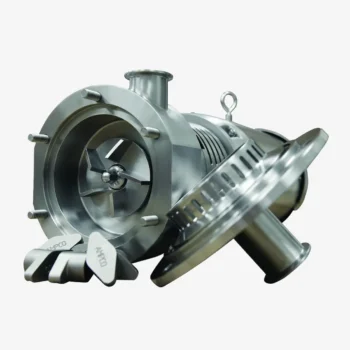 Bomba centrífuga sanitaria Ampco serie L en acero inoxidable, diseñada para procesos higiénicos en la industria alimentaria y de bebidas.